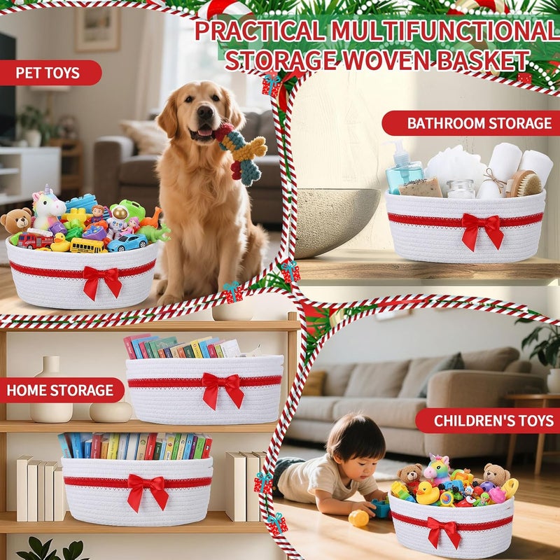 FoldTier 8 Pack Small Christmas Woven Basket with Gift Bags Ribbons and Wrapping Paper 12"x 8"x 5" Storage Basket with Handles Empty for Baby Shower Birthday Pet Toy Organizer Nursery Bins(White) - Image 5